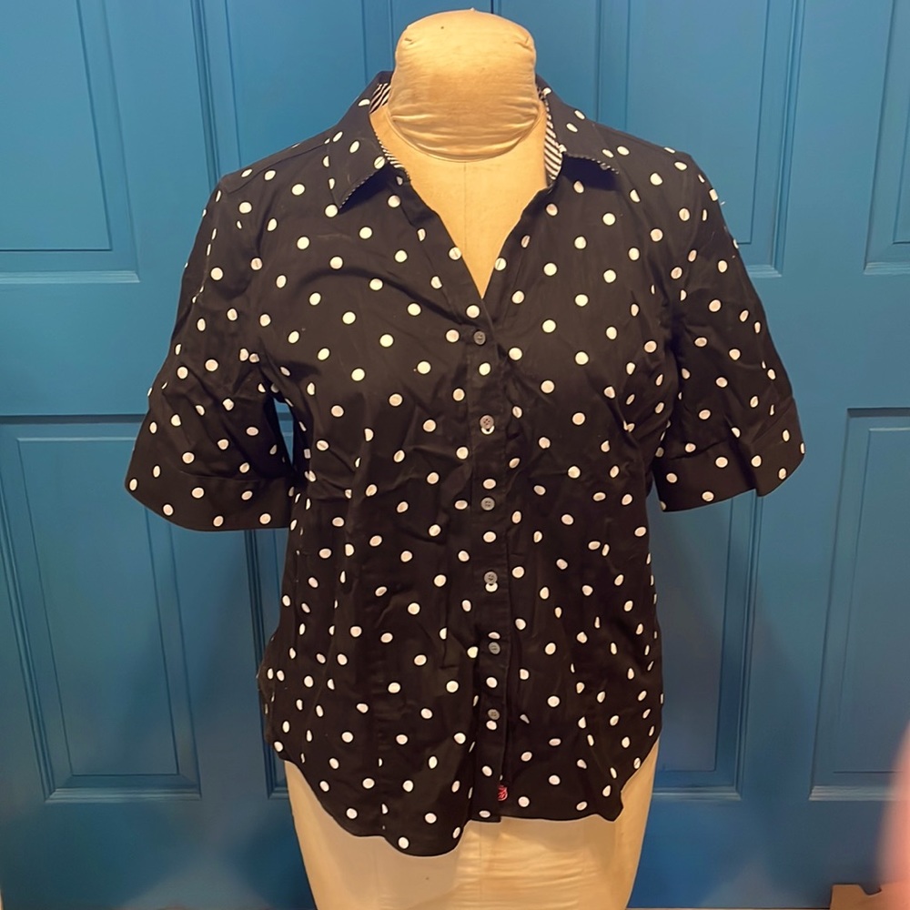 Short sleeve blouse by Talbots size 14 black with white polka dots.